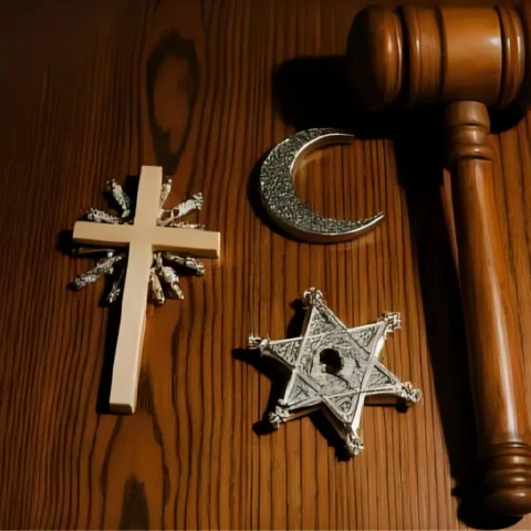 Photo de trois signes religieux et d'un maillet de juge