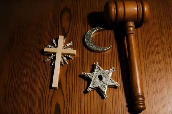 Photo de trois signes religieux et d'un maillet de juge