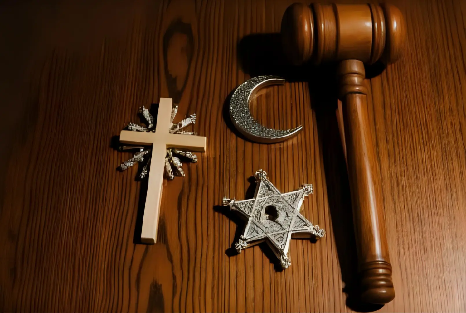 Photo de trois signes religieux et d'un maillet de juge