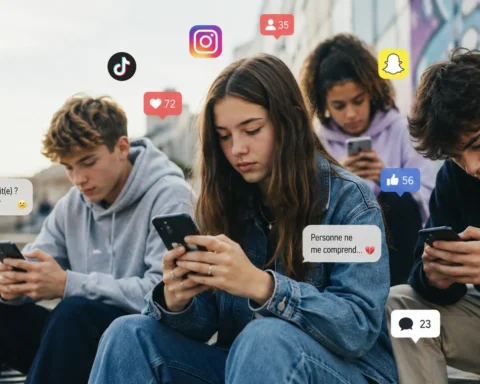 Adolescents avec un téléphone à la main qui consultents les réseaux sociaux