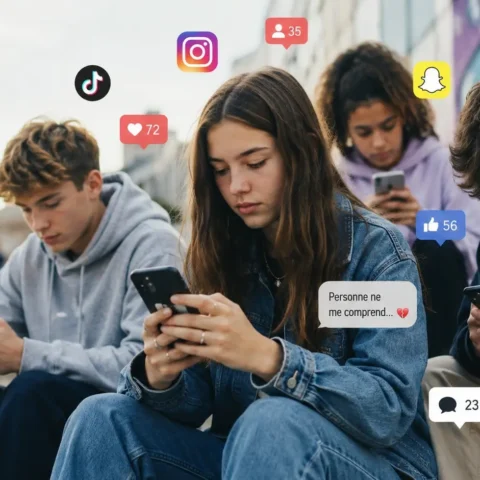 Adolescents avec un téléphone à la main qui consultents les réseaux sociaux