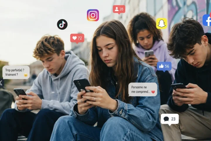 Adolescents avec un téléphone à la main qui consultents les réseaux sociaux