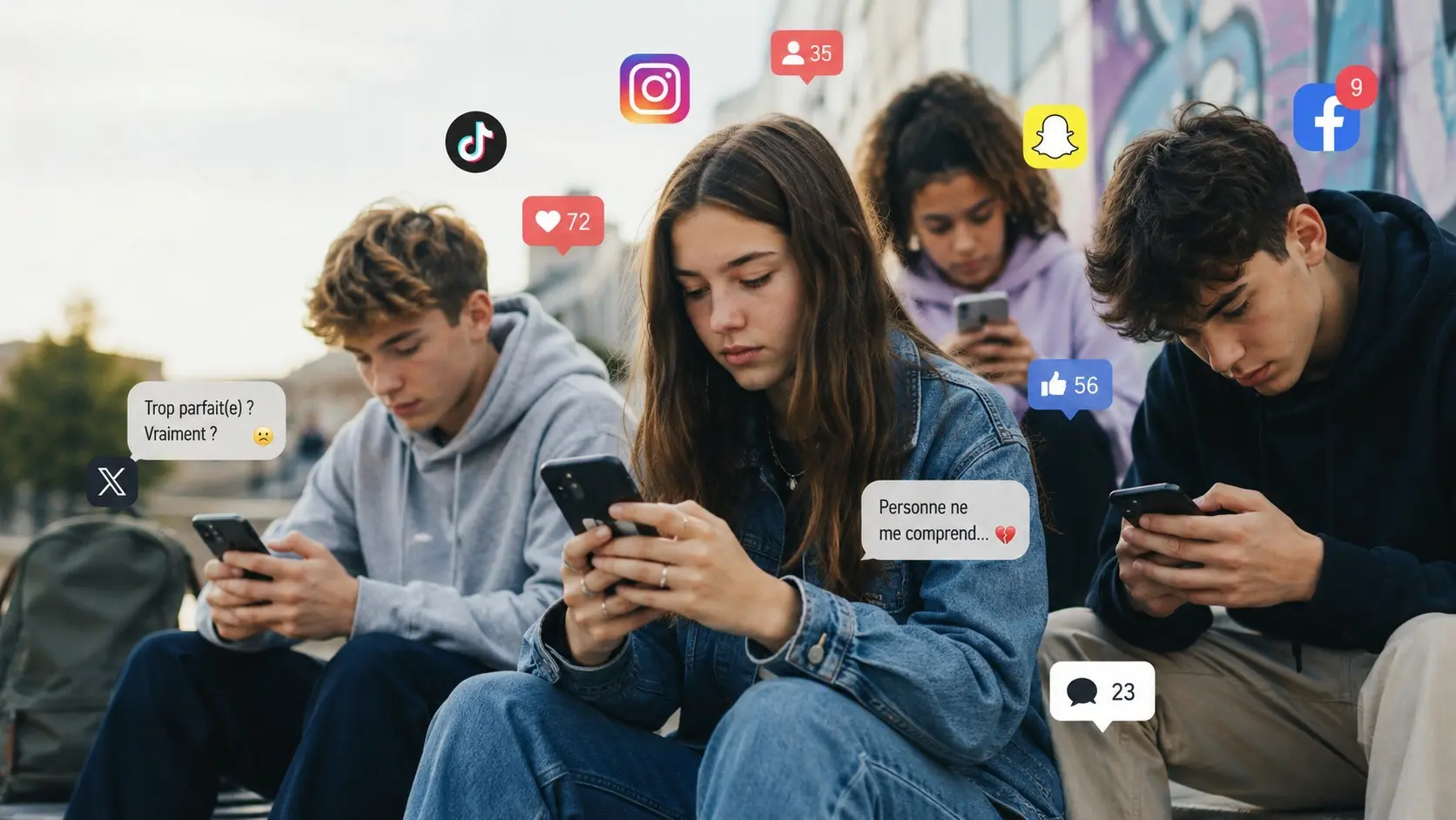 Adolescents avec un téléphone à la main qui consultents les réseaux sociaux