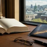 Code de loi ouvert et tablette lumineuse sur un bureau devant les toits de Montréal.