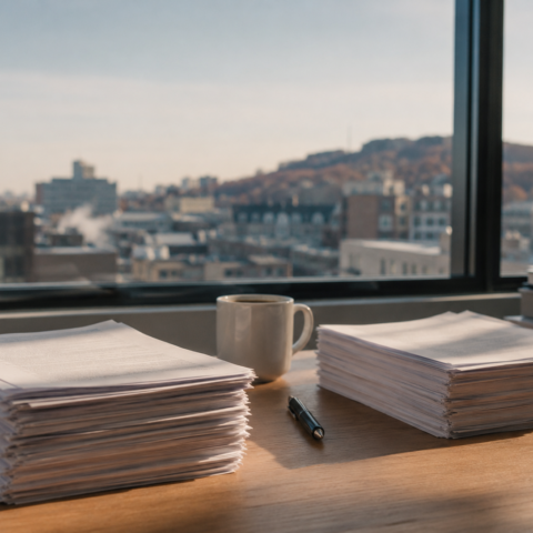 Deux piles de documents administratifs génériques côte à côte sur un bureau près d'une fenêtre.