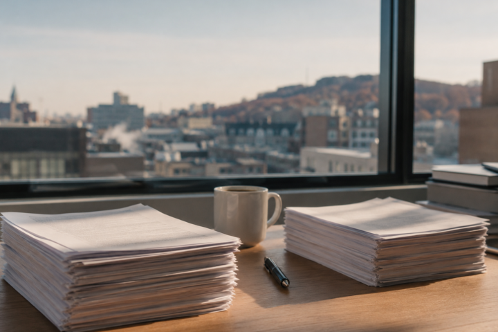Deux piles de documents administratifs génériques côte à côte sur un bureau près d'une fenêtre.