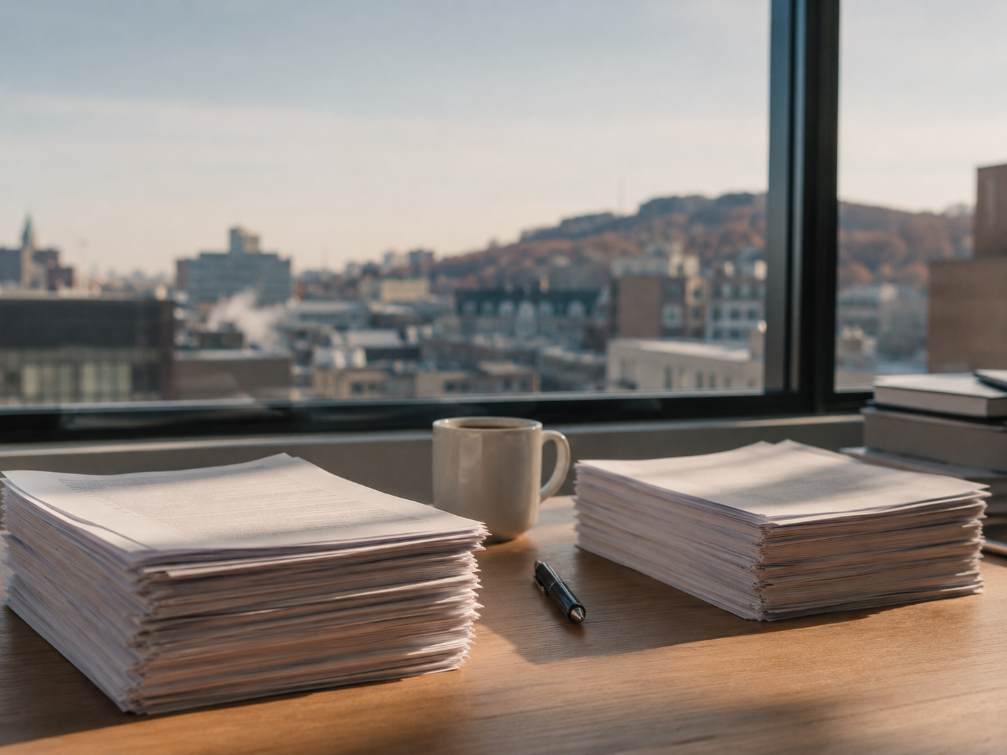 Deux piles de documents administratifs génériques côte à côte sur un bureau près d'une fenêtre.