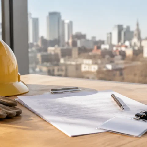 Casque de chantier et contrat de travail générique posés sur un bureau près d'une fenêtre