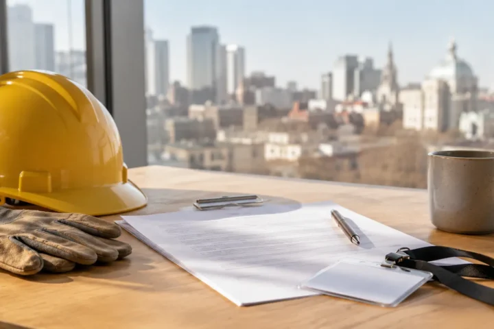 Casque de chantier et contrat de travail générique posés sur un bureau près d'une fenêtre