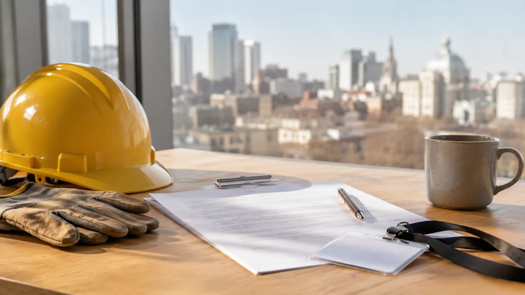 Casque de chantier et contrat de travail générique posés sur un bureau près d'une fenêtre