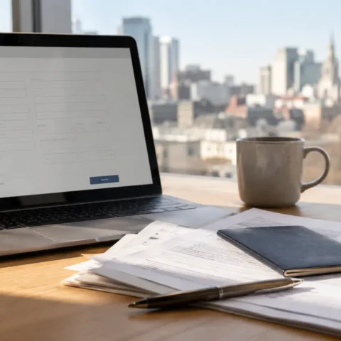 Personne remplissant une demande d'immigration en ligne sur un ordinateur portable, documents à proximité.