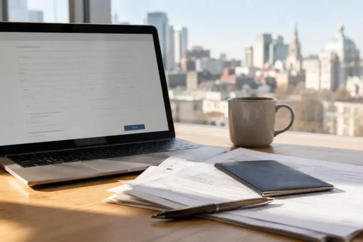 Personne remplissant une demande d'immigration en ligne sur un ordinateur portable, documents à proximité.