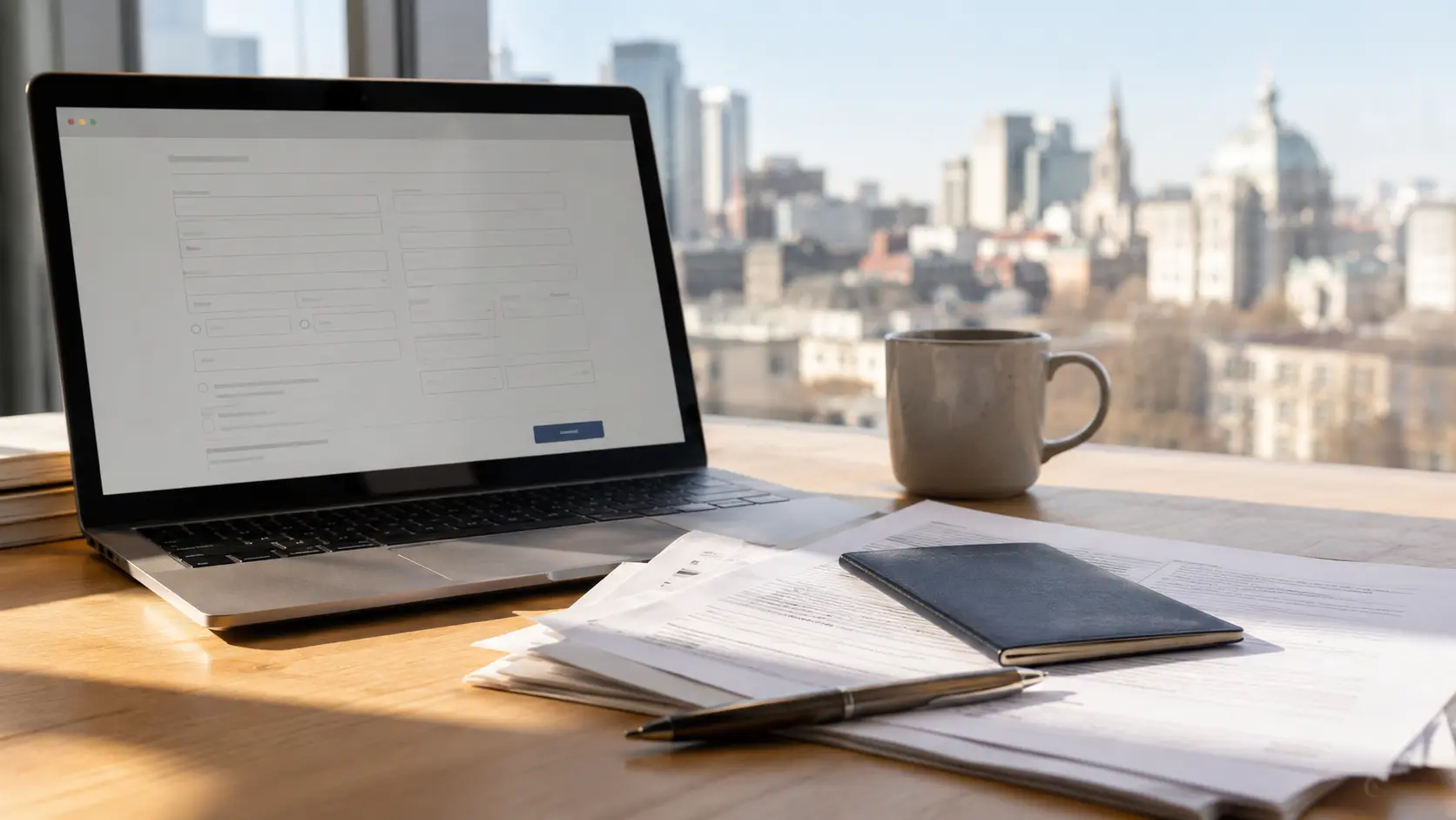 Personne remplissant une demande d'immigration en ligne sur un ordinateur portable, documents à proximité.