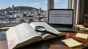 Code de loi ouvert et écran de citations juridiques surlignées en rouge, bureau devant les toits de Montréal.