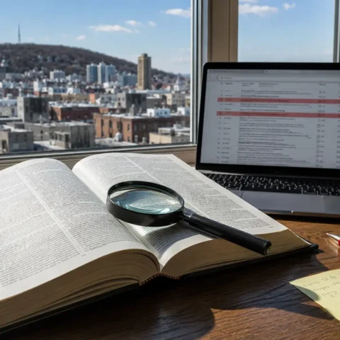 Code de loi ouvert et écran de citations juridiques surlignées en rouge, bureau devant les toits de Montréal.