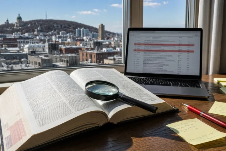 Code de loi ouvert et écran de citations juridiques surlignées en rouge, bureau devant les toits de Montréal.