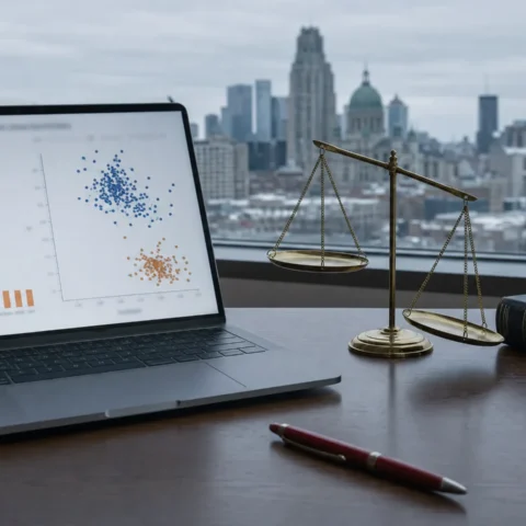 Écran de données démographiques et balance de justice légèrement inclinée, bureau devant les toits de Montréal.