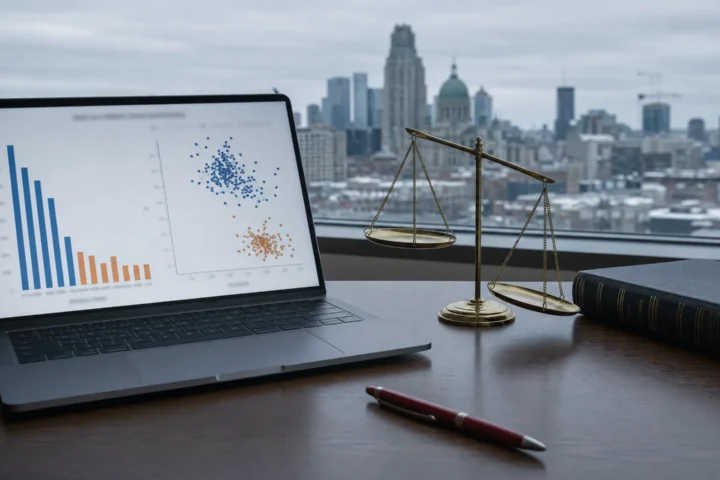 Écran de données démographiques et balance de justice légèrement inclinée, bureau devant les toits de Montréal.