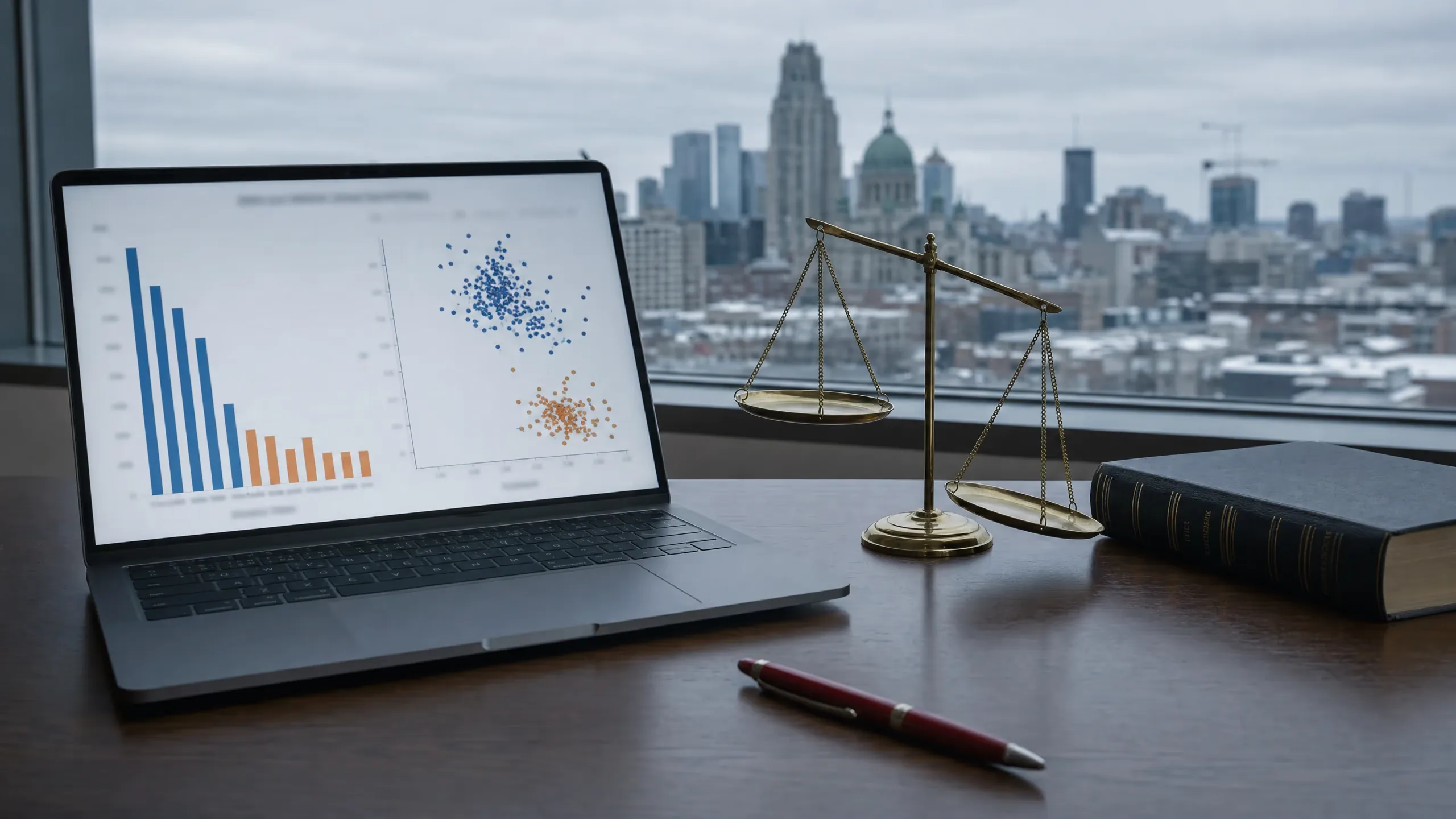 Écran de données démographiques et balance de justice légèrement inclinée, bureau devant les toits de Montréal.
