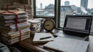 Dossiers judiciaires empilés et écran de transcription sur un bureau devant les toits de Montréal.