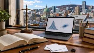 Balance de justice et écran de statistiques de peines, bureau devant les toits de Montréal.