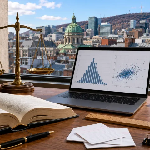Balance de justice et écran de statistiques de peines, bureau devant les toits de Montréal.