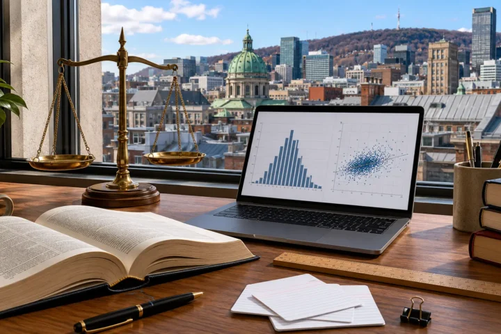 Balance de justice et écran de statistiques de peines, bureau devant les toits de Montréal.