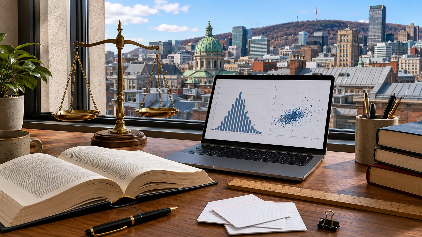 Balance de justice et écran de statistiques de peines, bureau devant les toits de Montréal.