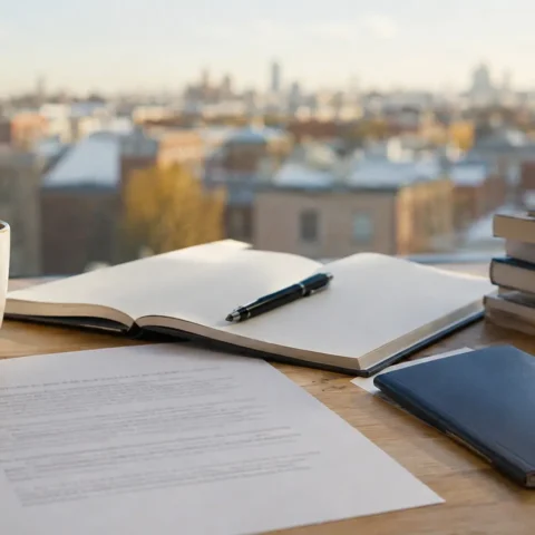Lettre d'admission universitaire générique, cahier et passeport sur un bureau près d'une fenêtre