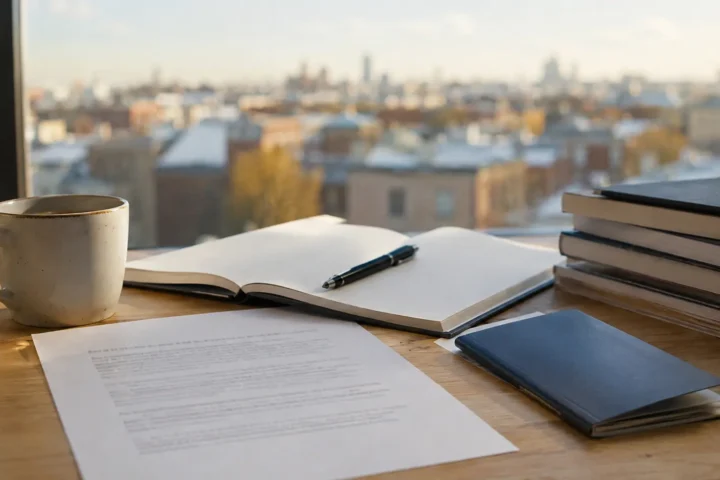 Lettre d'admission universitaire générique, cahier et passeport sur un bureau près d'une fenêtre