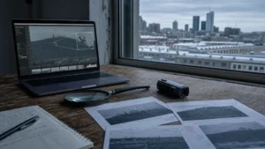 Vidéo analysée image par image à l'écran et loupe, bureau devant les toits de Montréal.