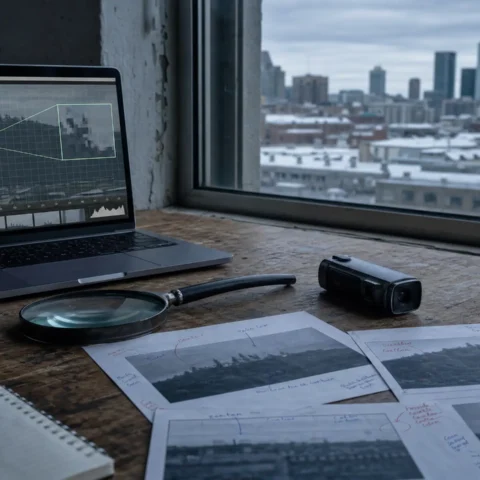 Vidéo analysée image par image à l'écran et loupe, bureau devant les toits de Montréal.