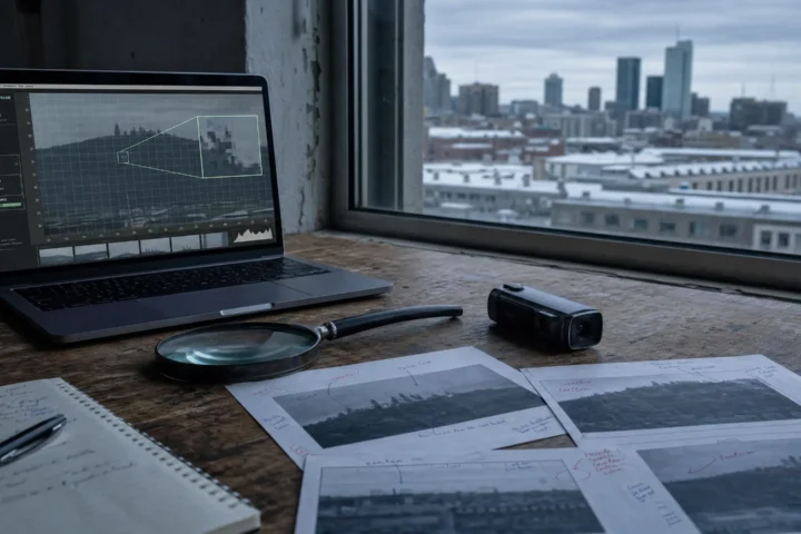 Vidéo analysée image par image à l'écran et loupe, bureau devant les toits de Montréal.