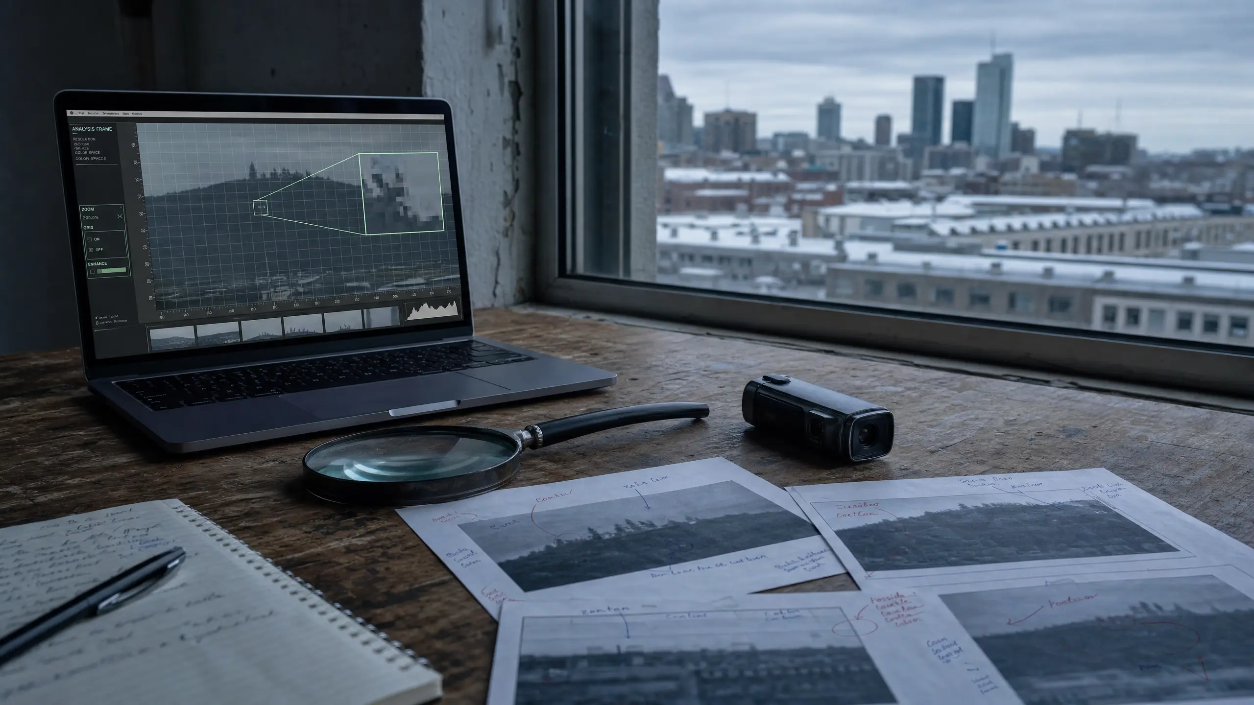 Vidéo analysée image par image à l'écran et loupe, bureau devant les toits de Montréal.