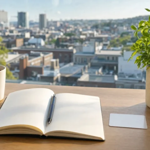 Carnet de notes ouvert, stylo et tasse de café posés sur un bureau de bois près d'une fenêtre