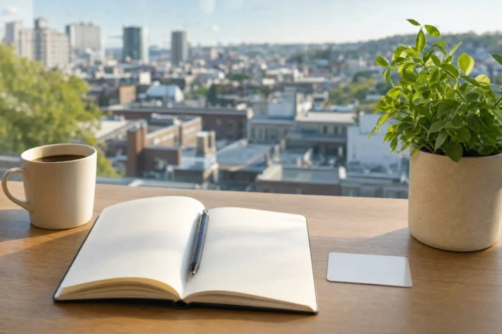 Carnet de notes ouvert, stylo et tasse de café posés sur un bureau de bois près d'une fenêtre