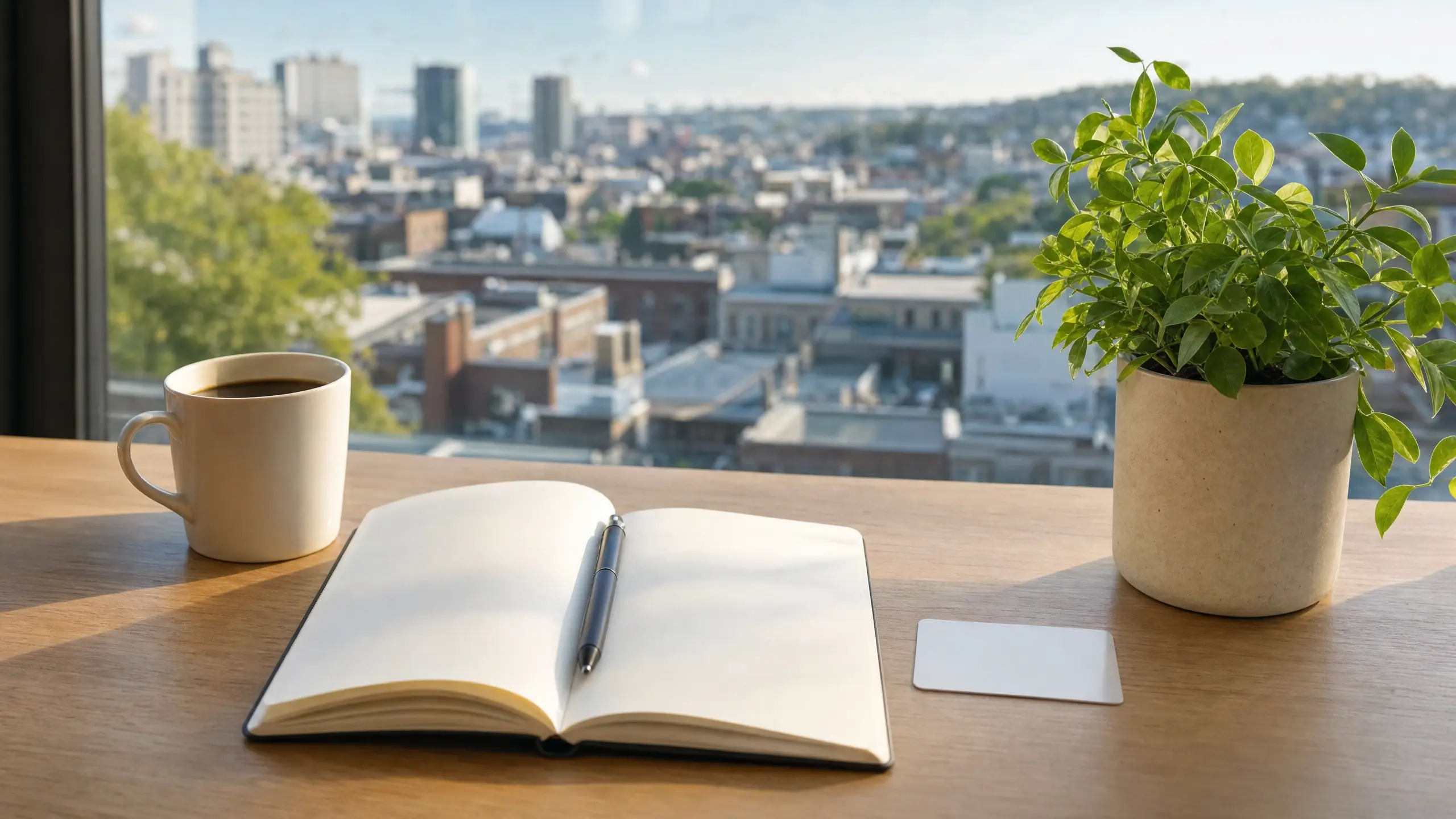 Carnet de notes ouvert, stylo et tasse de café posés sur un bureau de bois près d'une fenêtre