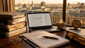 Piles de contrats et écran d'analyse de clauses, bureau devant les toits de Montréal.