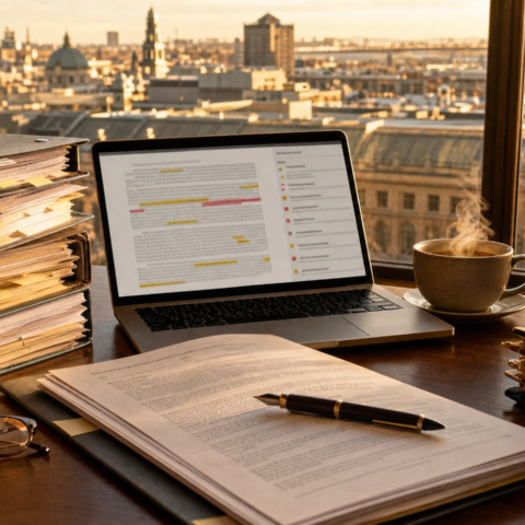 Piles de contrats et écran d'analyse de clauses, bureau devant les toits de Montréal.