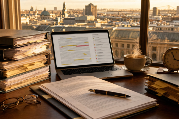 Piles de contrats et écran d'analyse de clauses, bureau devant les toits de Montréal.