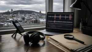 Casque d'écoute, écran d'analyse audio et dossiers confidentiels sur un bureau devant les toits de Montréal.
