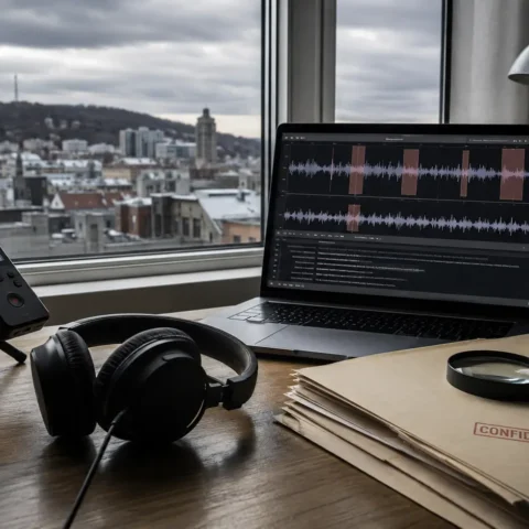 Casque d'écoute, écran d'analyse audio et dossiers confidentiels sur un bureau devant les toits de Montréal.