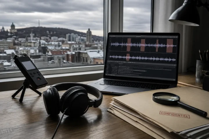 Casque d'écoute, écran d'analyse audio et dossiers confidentiels sur un bureau devant les toits de Montréal.