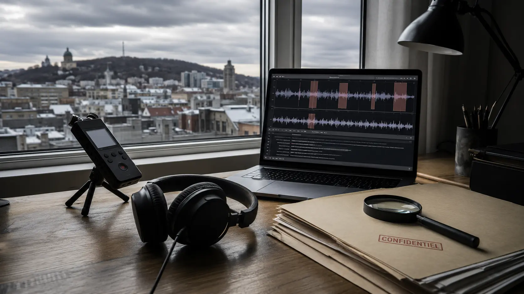 Casque d'écoute, écran d'analyse audio et dossiers confidentiels sur un bureau devant les toits de Montréal.