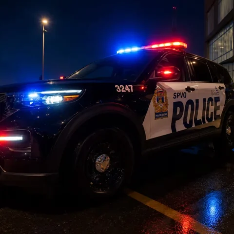 Voiture de police du SPVM avec des gyrophares allumés.
