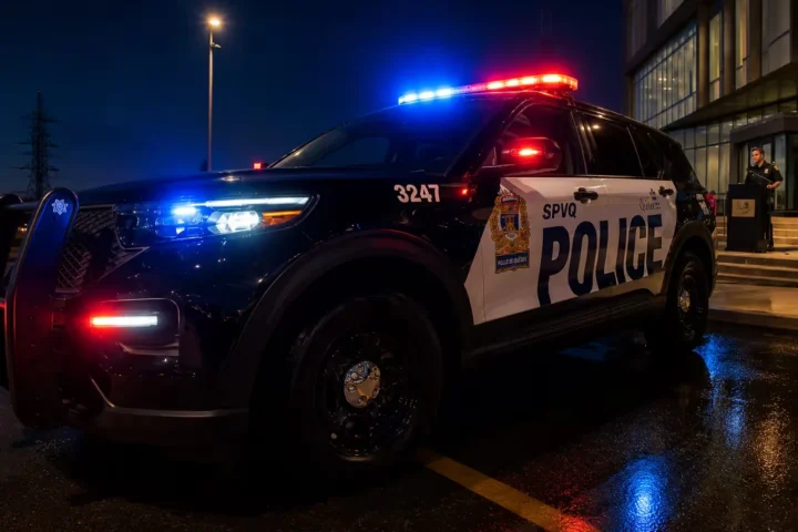 Voiture de police du SPVM avec des gyrophares allumés.