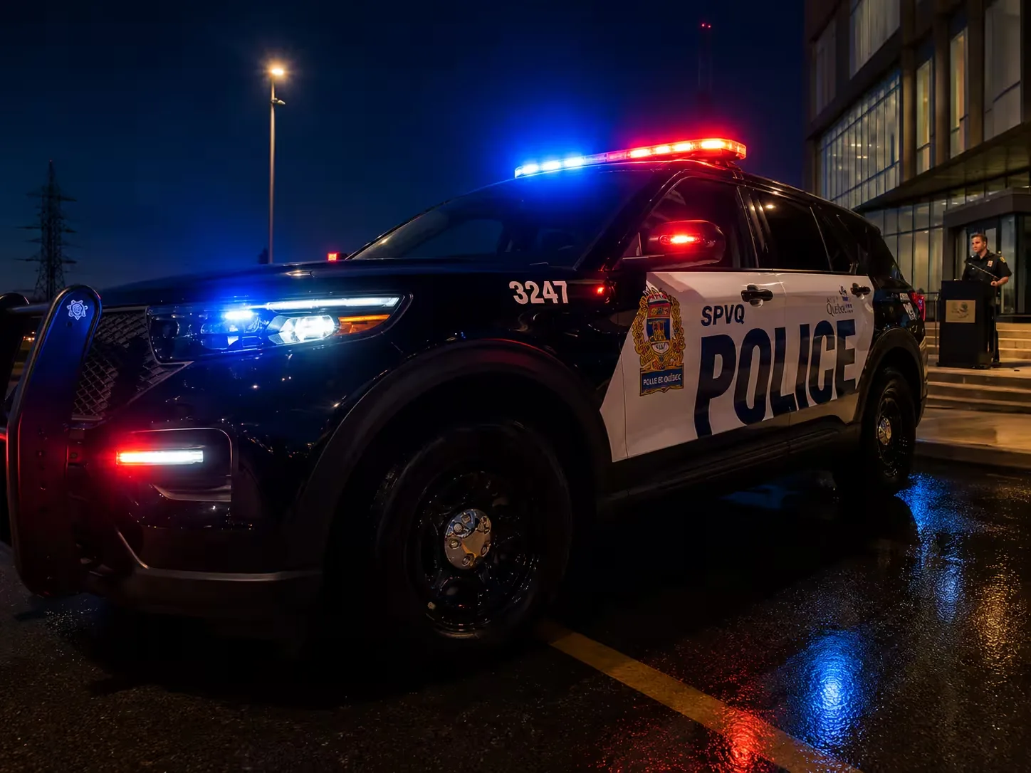Voiture de police du SPVM avec des gyrophares allumés.