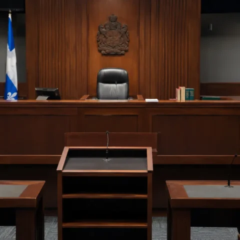 Banc du juge et pupitre vides dans une salle d'audience