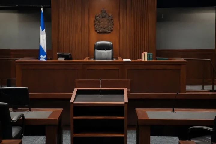 Banc du juge et pupitre vides dans une salle d'audience