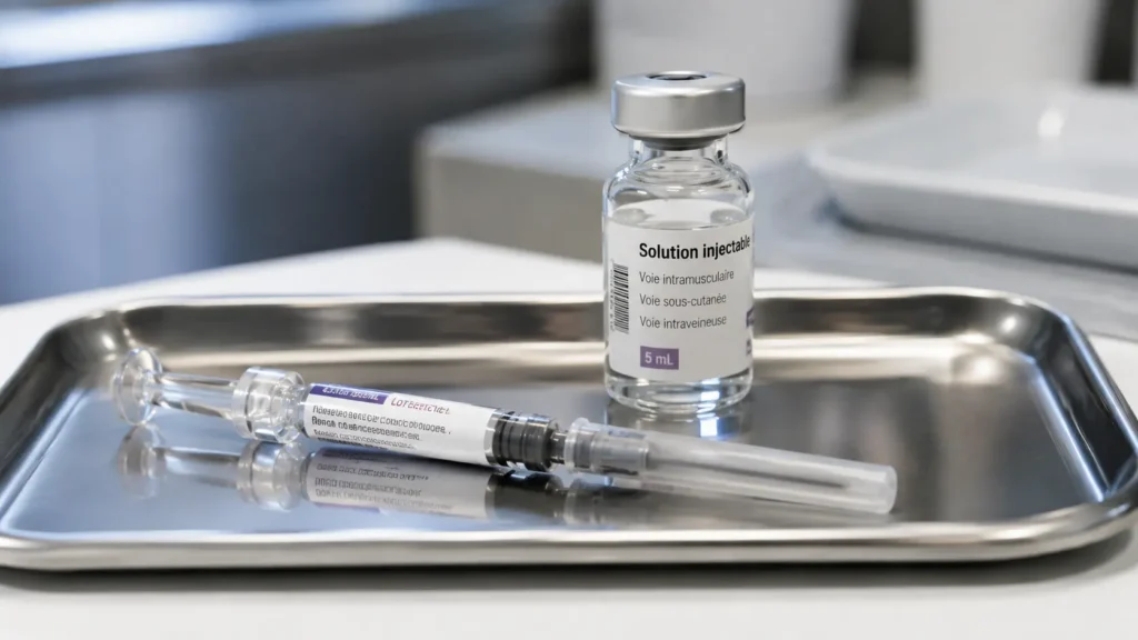 Seringue préremplie et fiole de médicament injectable sur un plateau